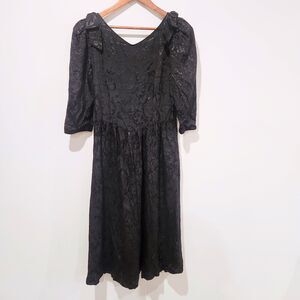 Lanz Salzburg Vintage Black Floral Jacquard Drop Waist Maxi Dress Size 12 80s